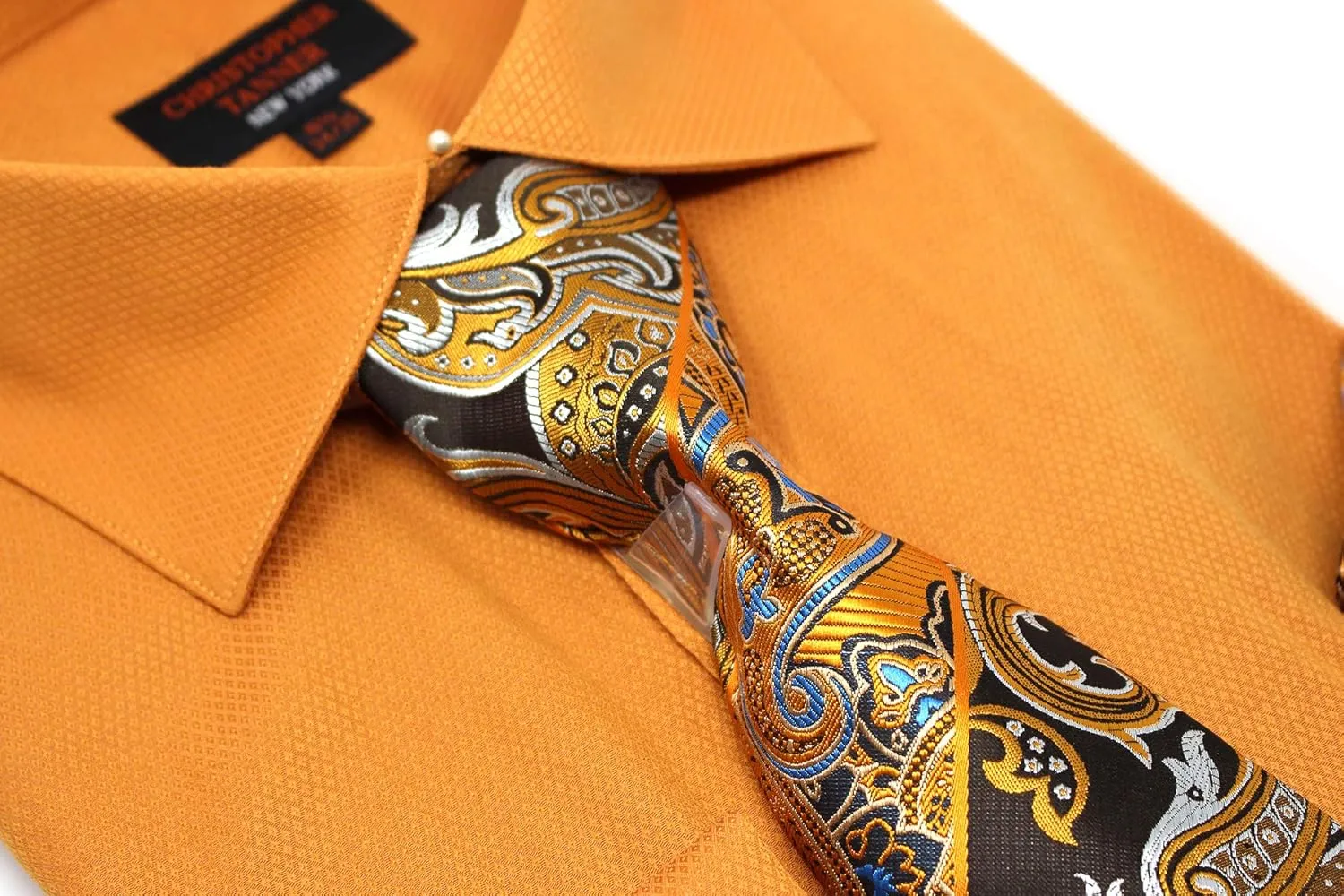 Christopher Tanner Men's Solid Micro Pattern Regular Fit French Cuffs Dress Shirts with Tie Hanky Cufflinks Combo