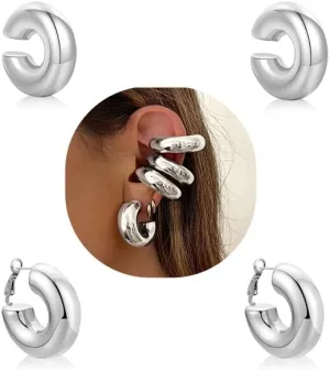 Chunky Gold Ear Cuffs Hoops Earrings For Women Trendy 14K Gold Silver Filled Thick Lightweight Open Hoop Earrings For Women Non Piercing Large Clip On Cartilage Non Tarnish Jewelry Gift