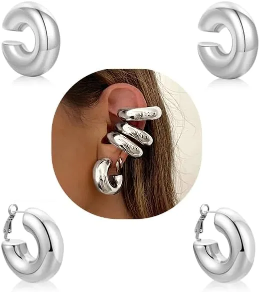 Chunky Gold Ear Cuffs Hoops Earrings For Women Trendy 14K Gold Silver Filled Thick Lightweight Open Hoop Earrings For Women Non Piercing Large Clip On Cartilage Non Tarnish Jewelry Gift