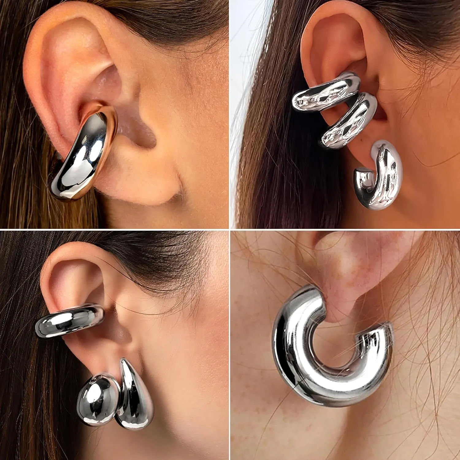 Chunky Gold Ear Cuffs Hoops Earrings For Women Trendy 14K Gold Silver Filled Thick Lightweight Open Hoop Earrings For Women Non Piercing Large Clip On Cartilage Non Tarnish Jewelry Gift