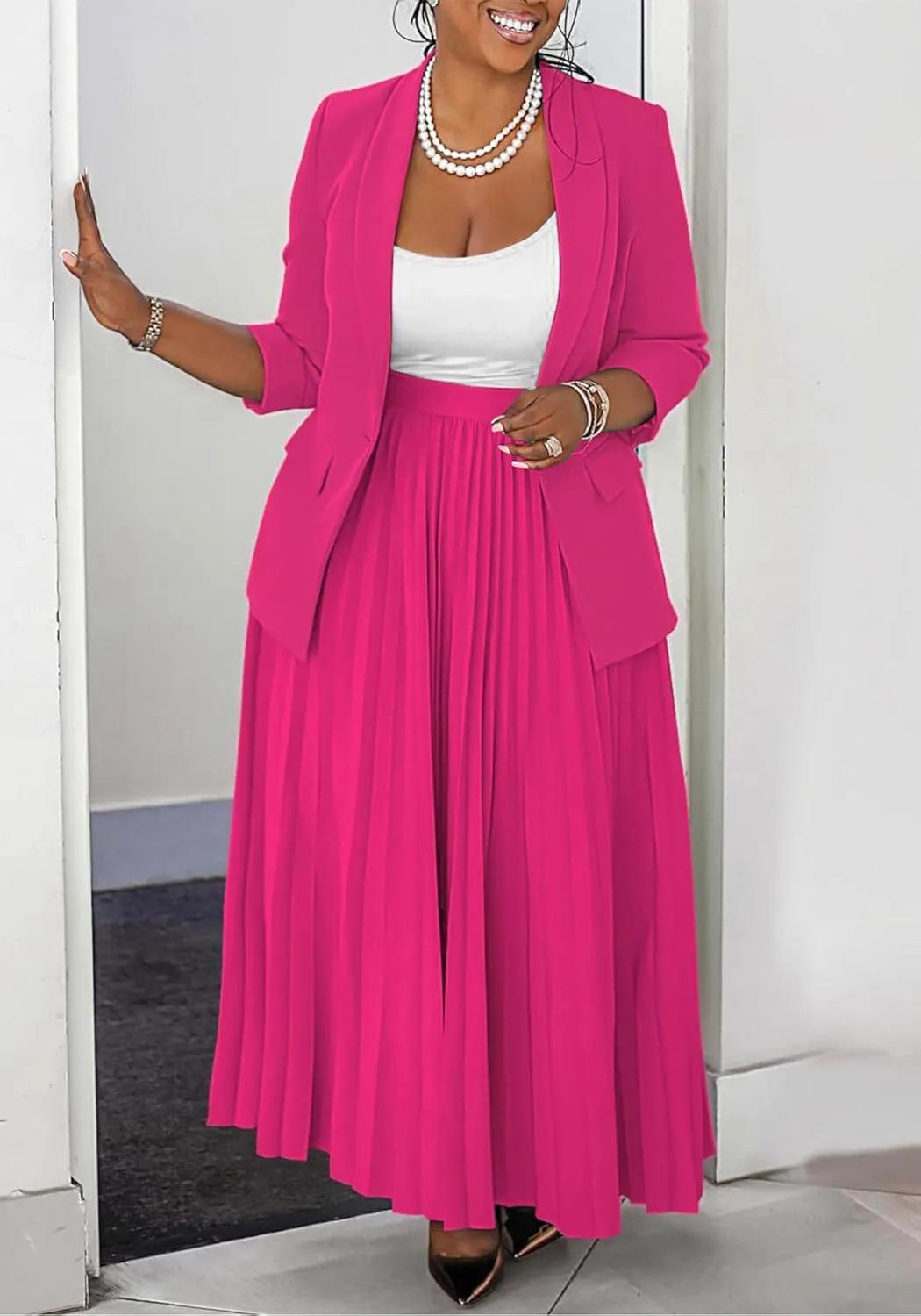 Church Suits for Women 2 Piece Skirt Sets Business Plus Size Long Sleeve Blazers and Pleated Maxi Skirts