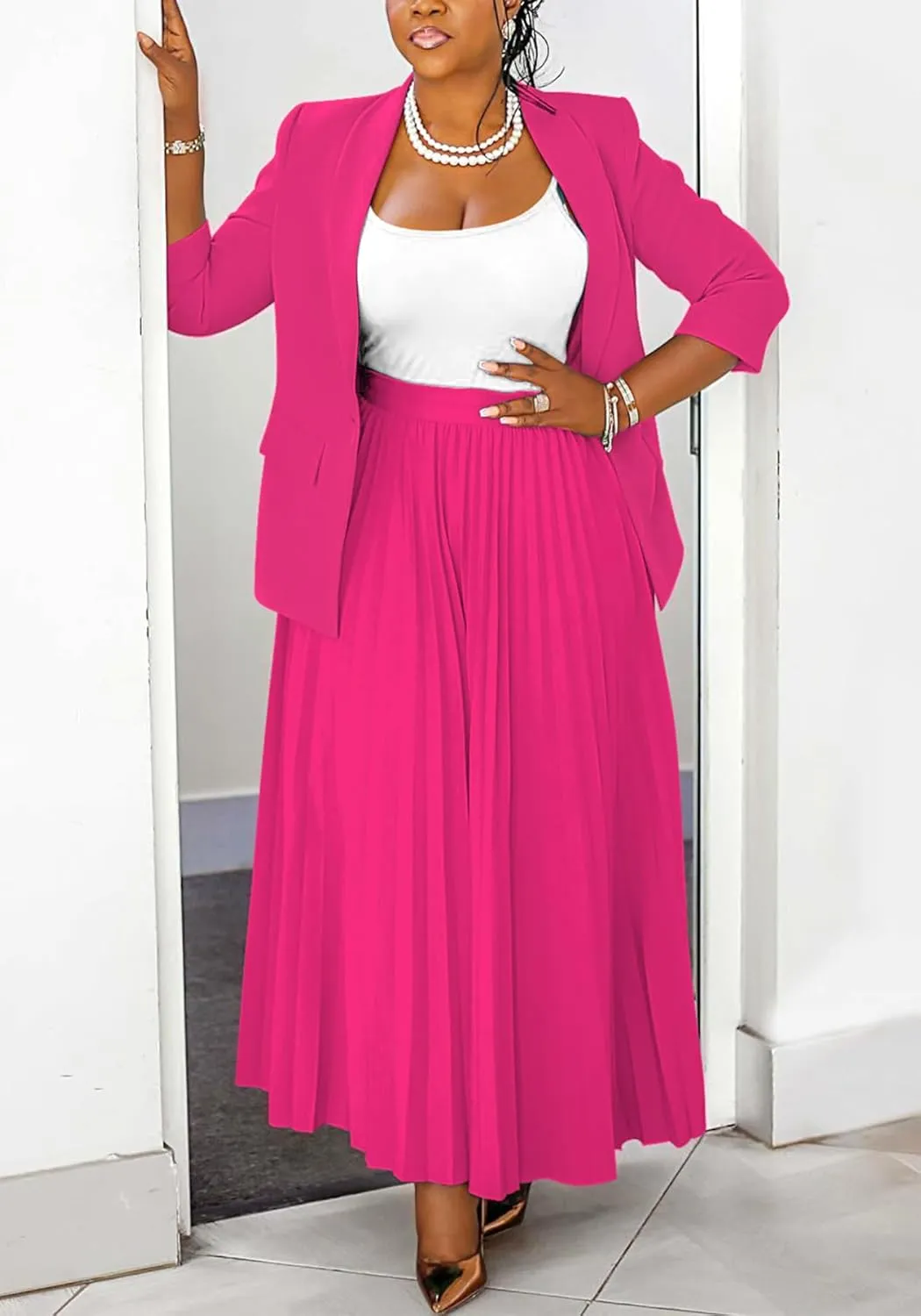 Church Suits for Women 2 Piece Skirt Sets Business Plus Size Long Sleeve Blazers and Pleated Maxi Skirts