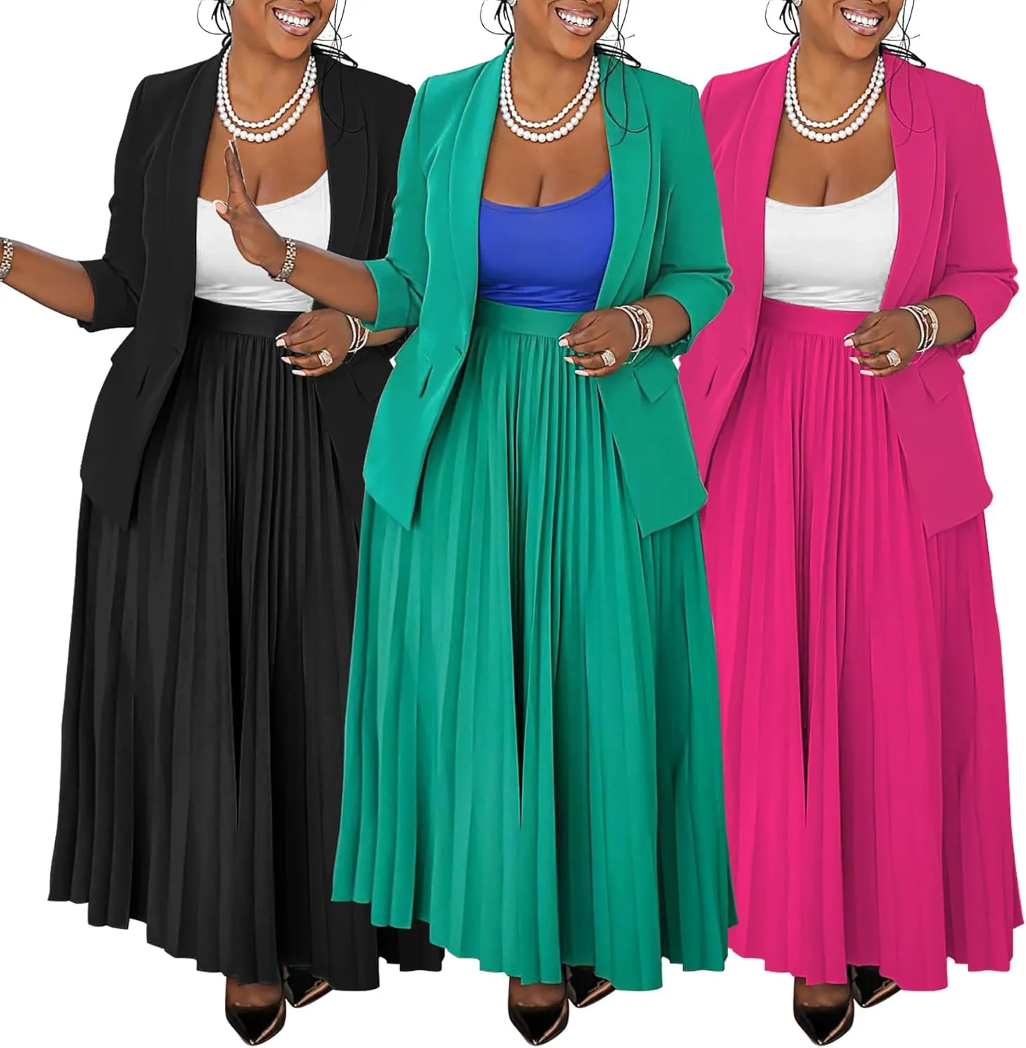 Church Suits for Women 2 Piece Skirt Sets Business Plus Size Long Sleeve Blazers and Pleated Maxi Skirts