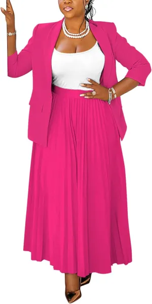 Church Suits for Women 2 Piece Skirt Sets Business Plus Size Long Sleeve Blazers and Pleated Maxi Skirts