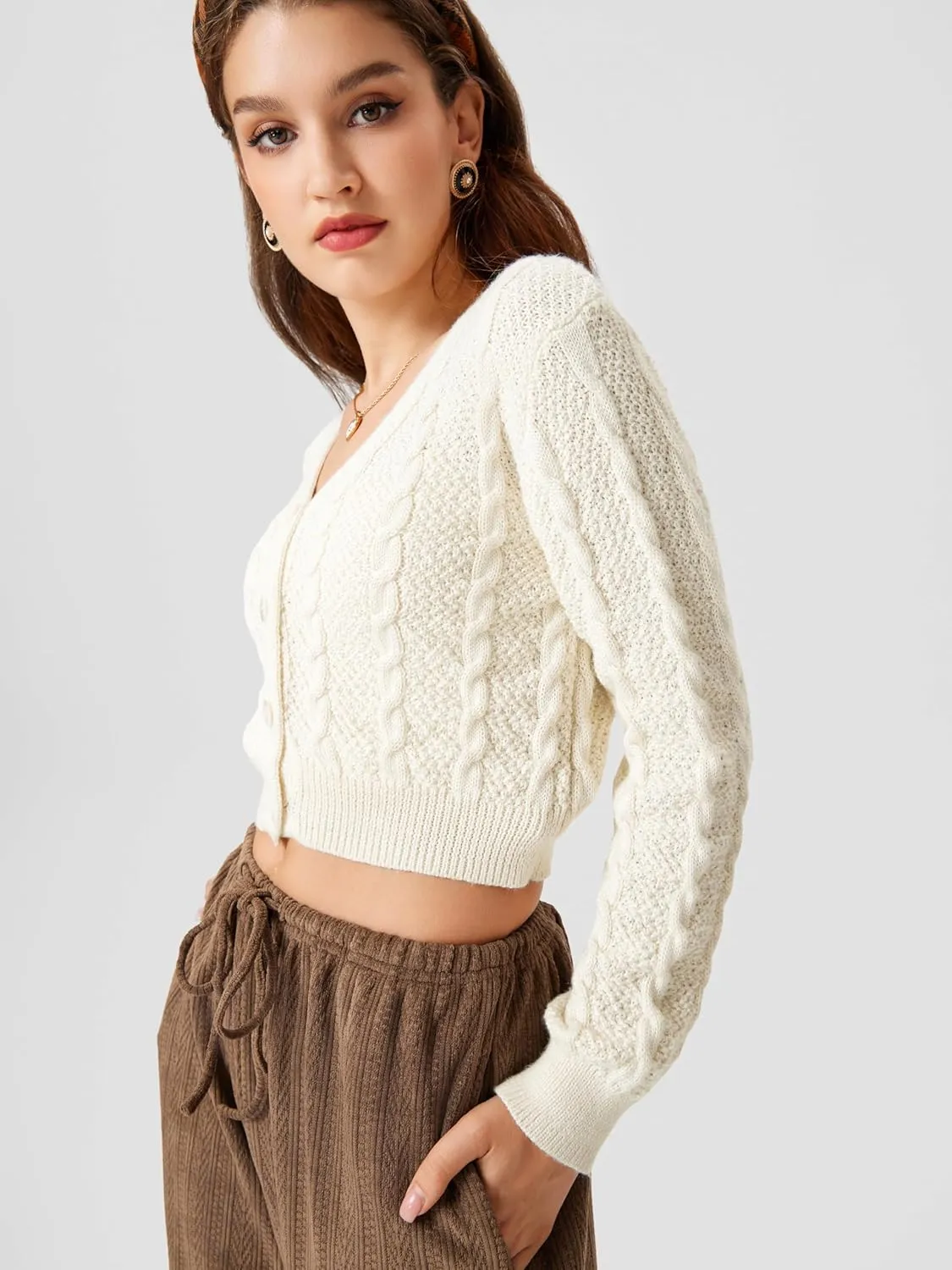 CIDER V-Neck Cropped Cardigan Sweater for Women Daily Casual Knitwear