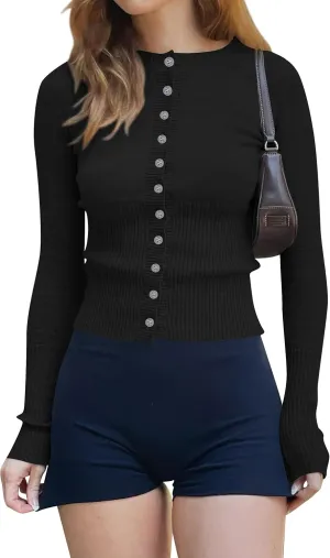 Cioatin Women Button Down Long Sleeve Crop Cardigan Y2K Crew Neck Fit Knit Sweater Pullover Shirt Fall Outfits Aesthetic