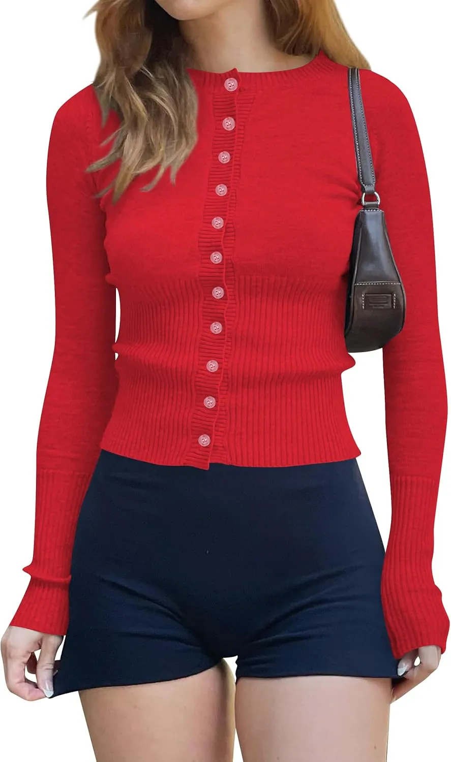 Cioatin Women Button Down Long Sleeve Crop Cardigan Y2K Crew Neck Fit Knit Sweater Pullover Shirt Fall Outfits Aesthetic