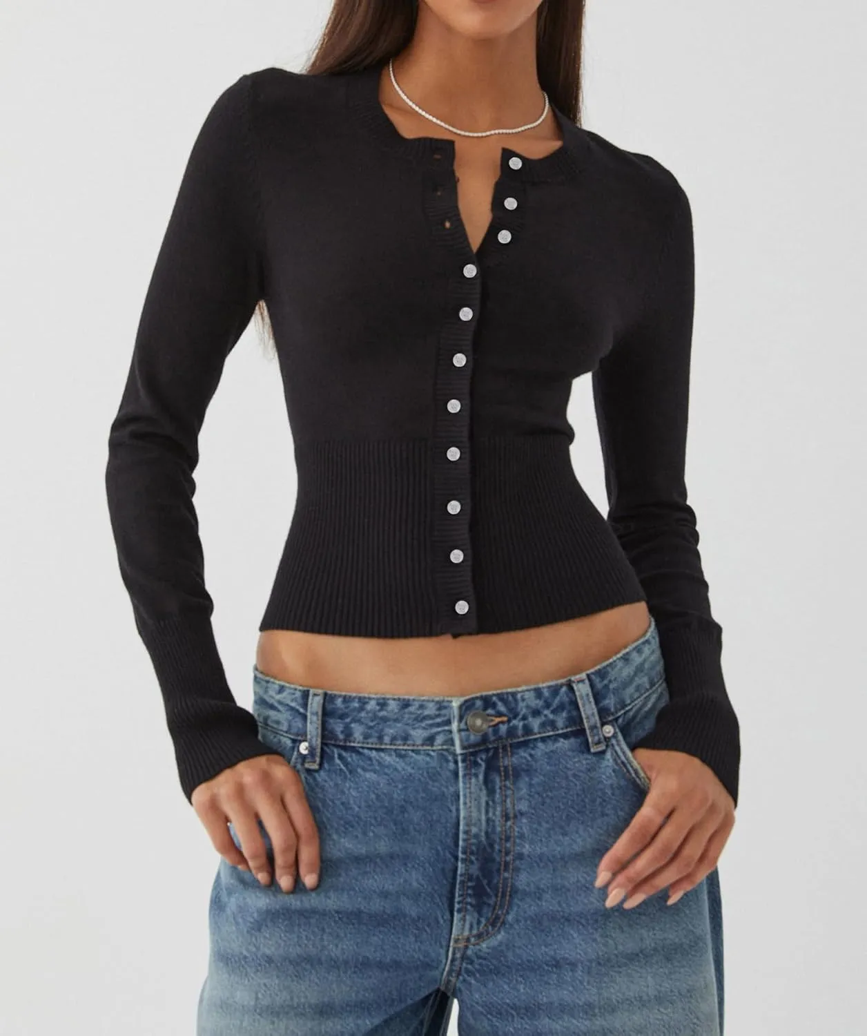 Cioatin Women Button Down Long Sleeve Crop Cardigan Y2K Crew Neck Fit Knit Sweater Pullover Shirt Fall Outfits Aesthetic