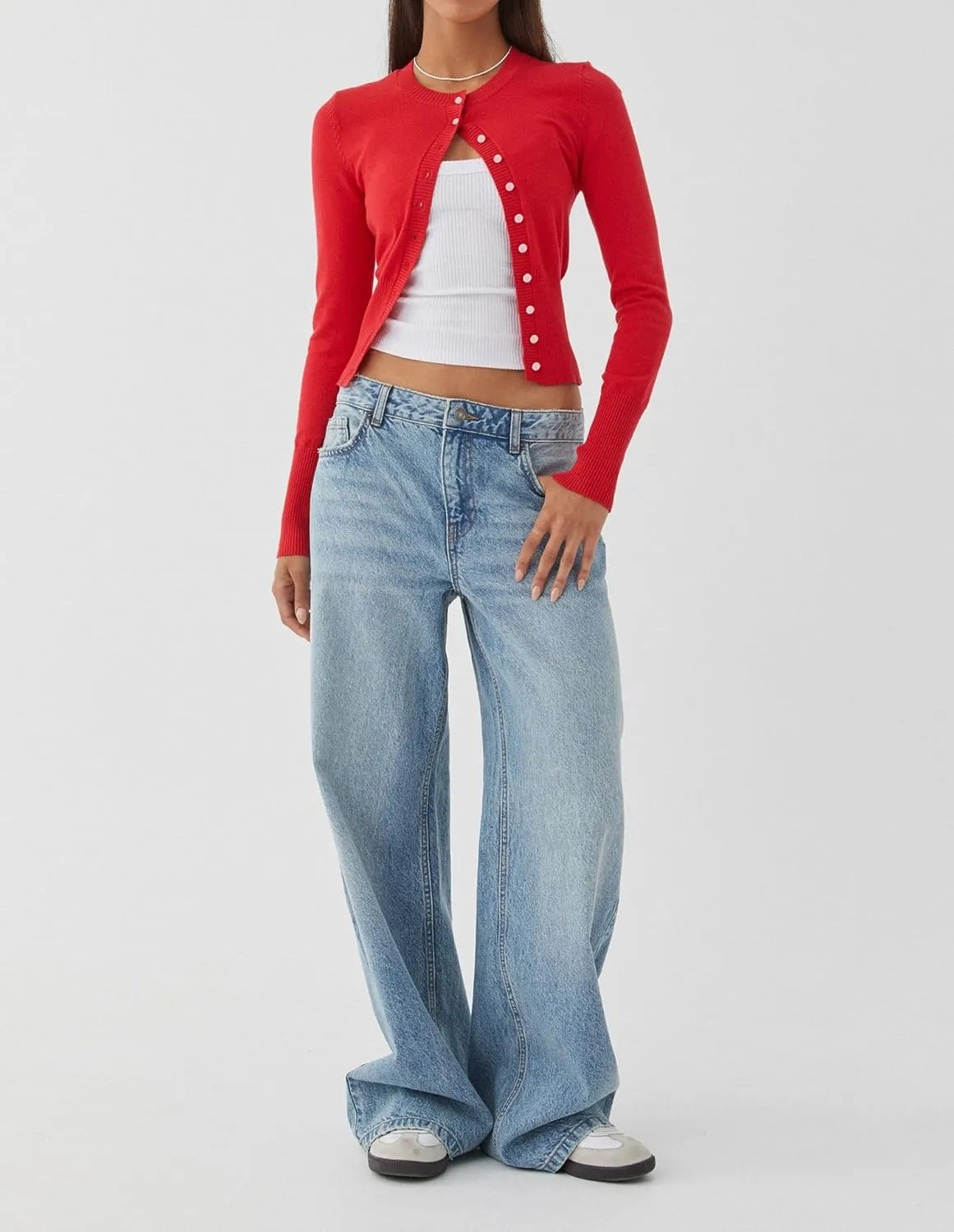 Cioatin Women Button Down Long Sleeve Crop Cardigan Y2K Crew Neck Fit Knit Sweater Pullover Shirt Fall Outfits Aesthetic