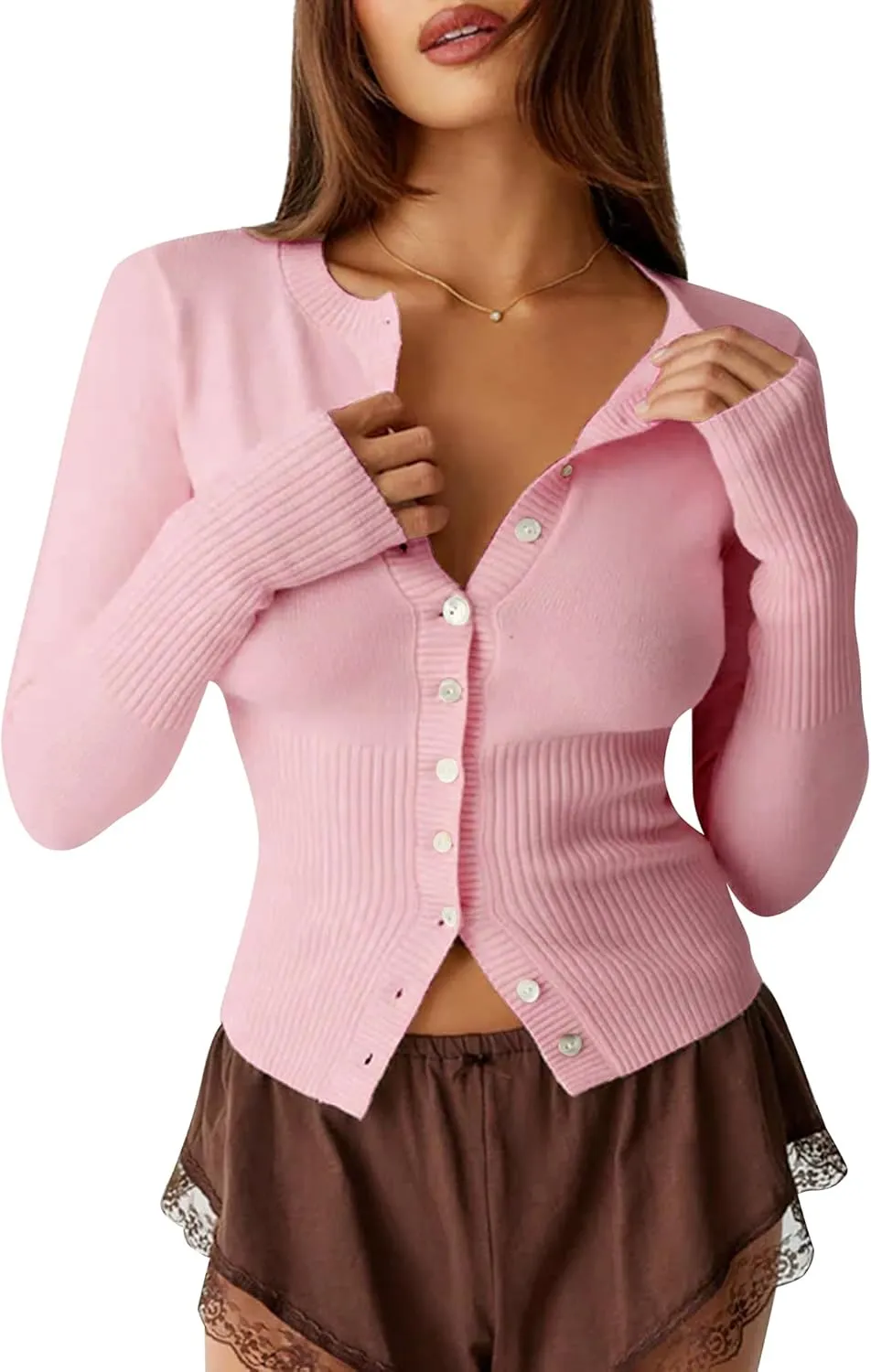 Cioatin Women Button Down Long Sleeve Crop Cardigan Y2K Crew Neck Fit Knit Sweater Pullover Shirt Fall Outfits Aesthetic