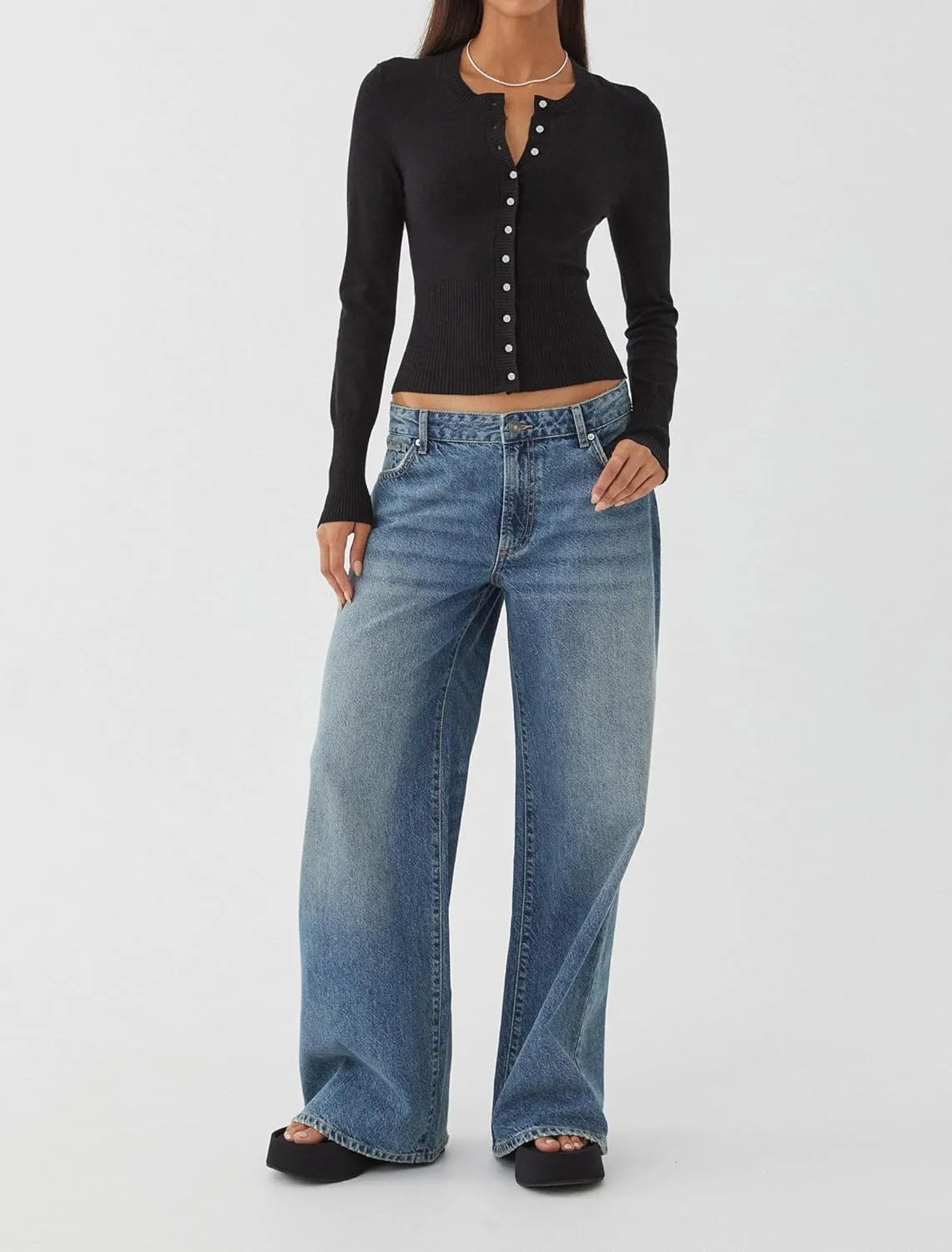 Cioatin Women Button Down Long Sleeve Crop Cardigan Y2K Crew Neck Fit Knit Sweater Pullover Shirt Fall Outfits Aesthetic
