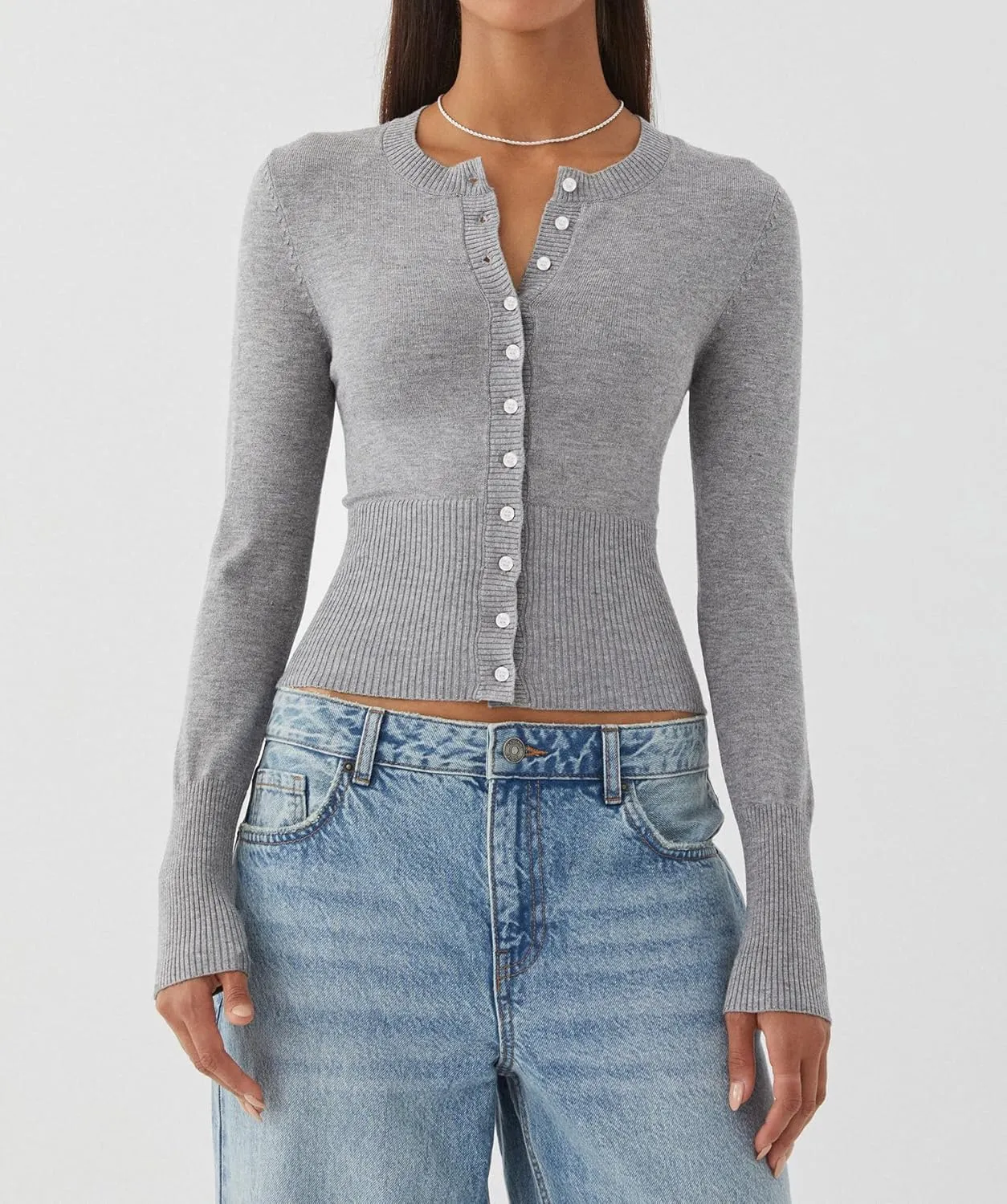 Cioatin Women Button Down Long Sleeve Crop Cardigan Y2K Crew Neck Fit Knit Sweater Pullover Shirt Fall Outfits Aesthetic