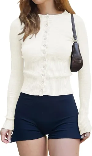 Cioatin Women Button Down Long Sleeve Crop Cardigan Y2K Crew Neck Fit Knit Sweater Pullover Shirt Fall Outfits Aesthetic