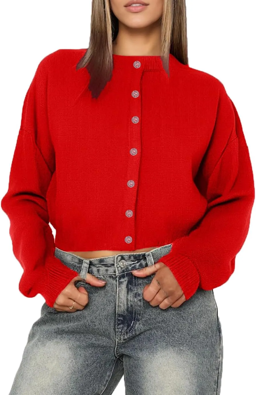 Cioatin Women Y2K Open Front Button Down Crop Sweater Cardigan Long Sleeve Lightweight Knit Pullover Fall Outfits Tops