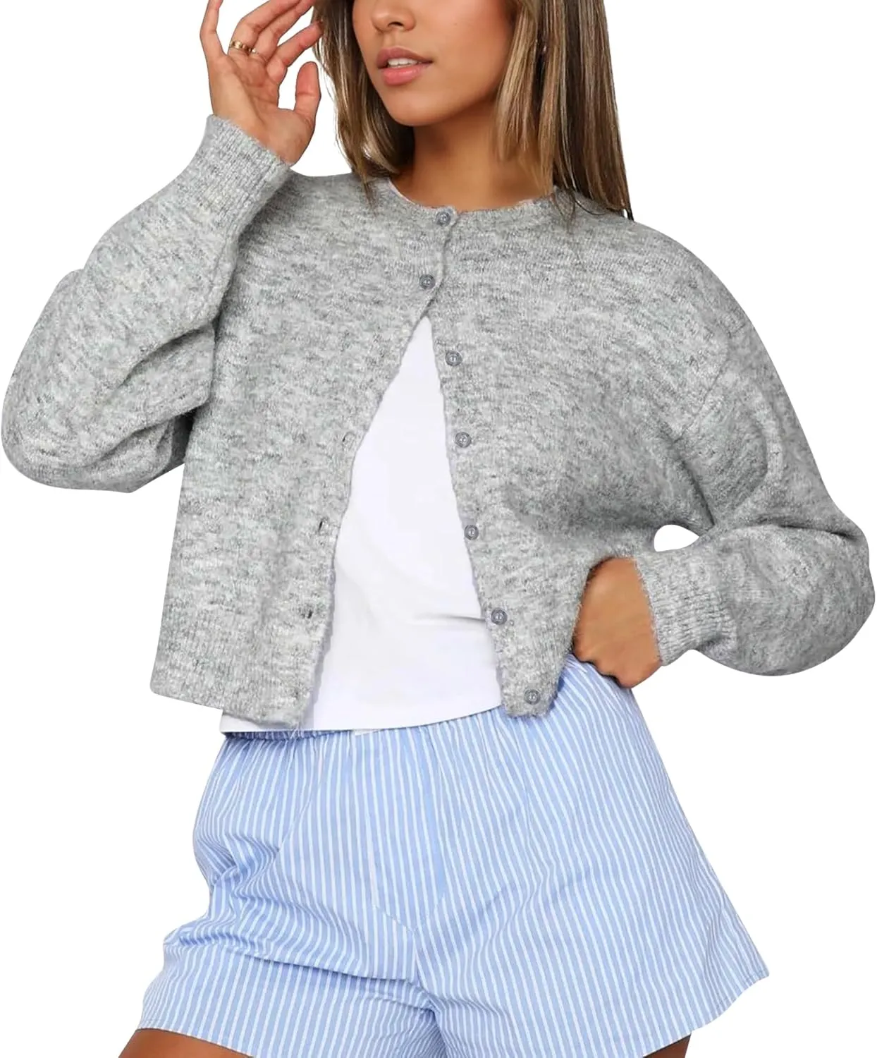 Cioatin Women Y2K Open Front Button Down Crop Sweater Cardigan Long Sleeve Lightweight Knit Pullover Fall Outfits Tops