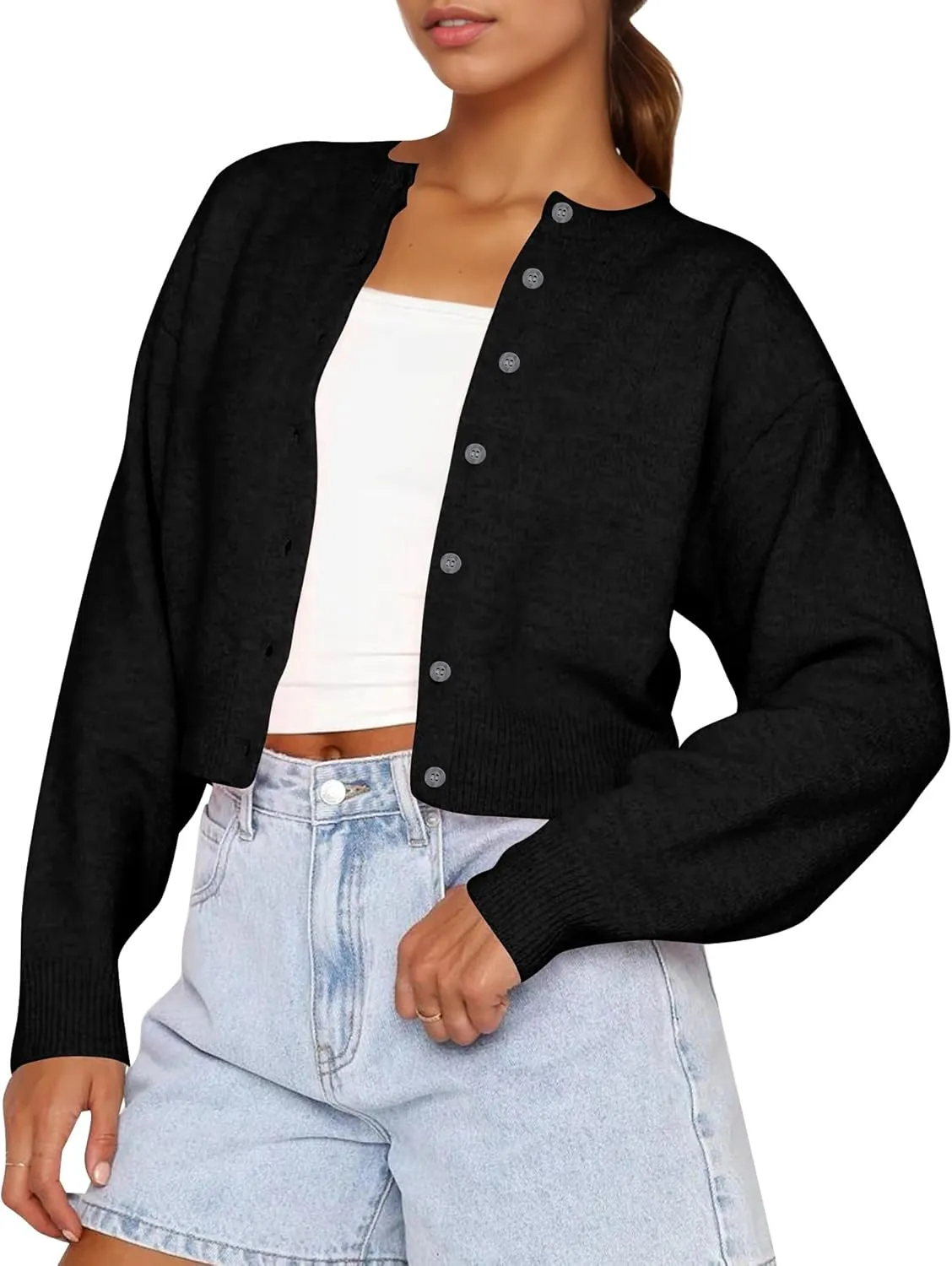 Cioatin Women Y2K Open Front Button Down Crop Sweater Cardigan Long Sleeve Lightweight Knit Pullover Fall Outfits Tops