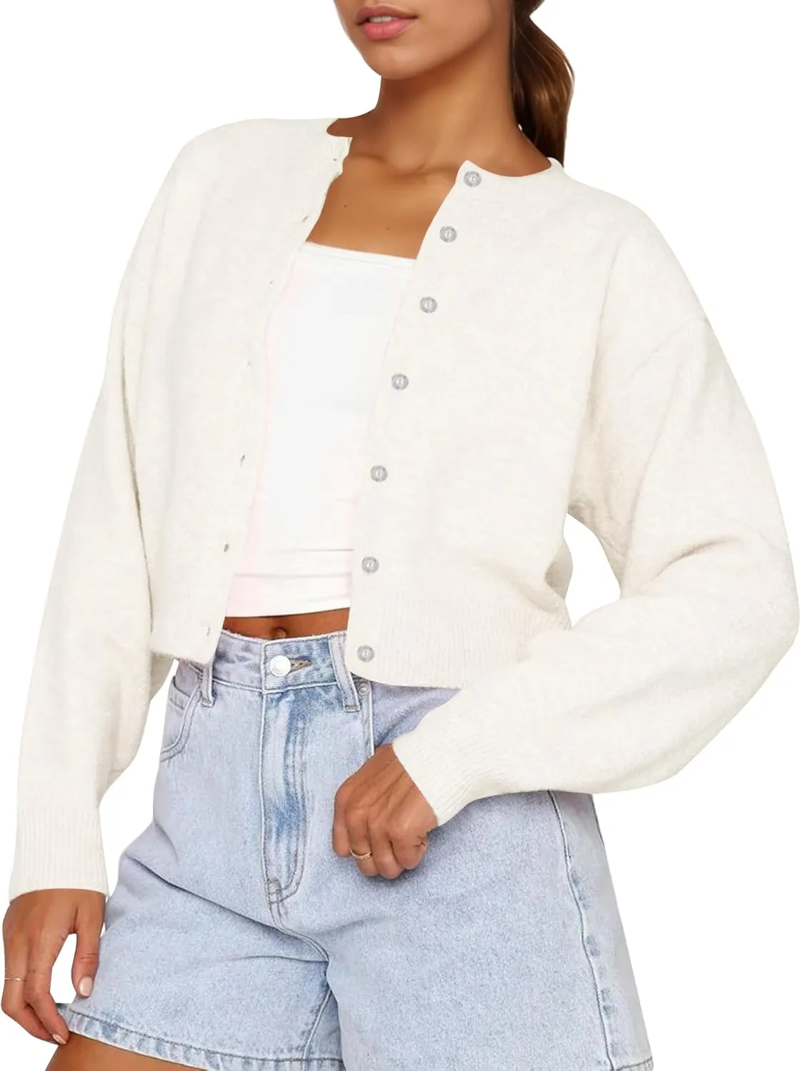 Cioatin Women Y2K Open Front Button Down Crop Sweater Cardigan Long Sleeve Lightweight Knit Pullover Fall Outfits Tops
