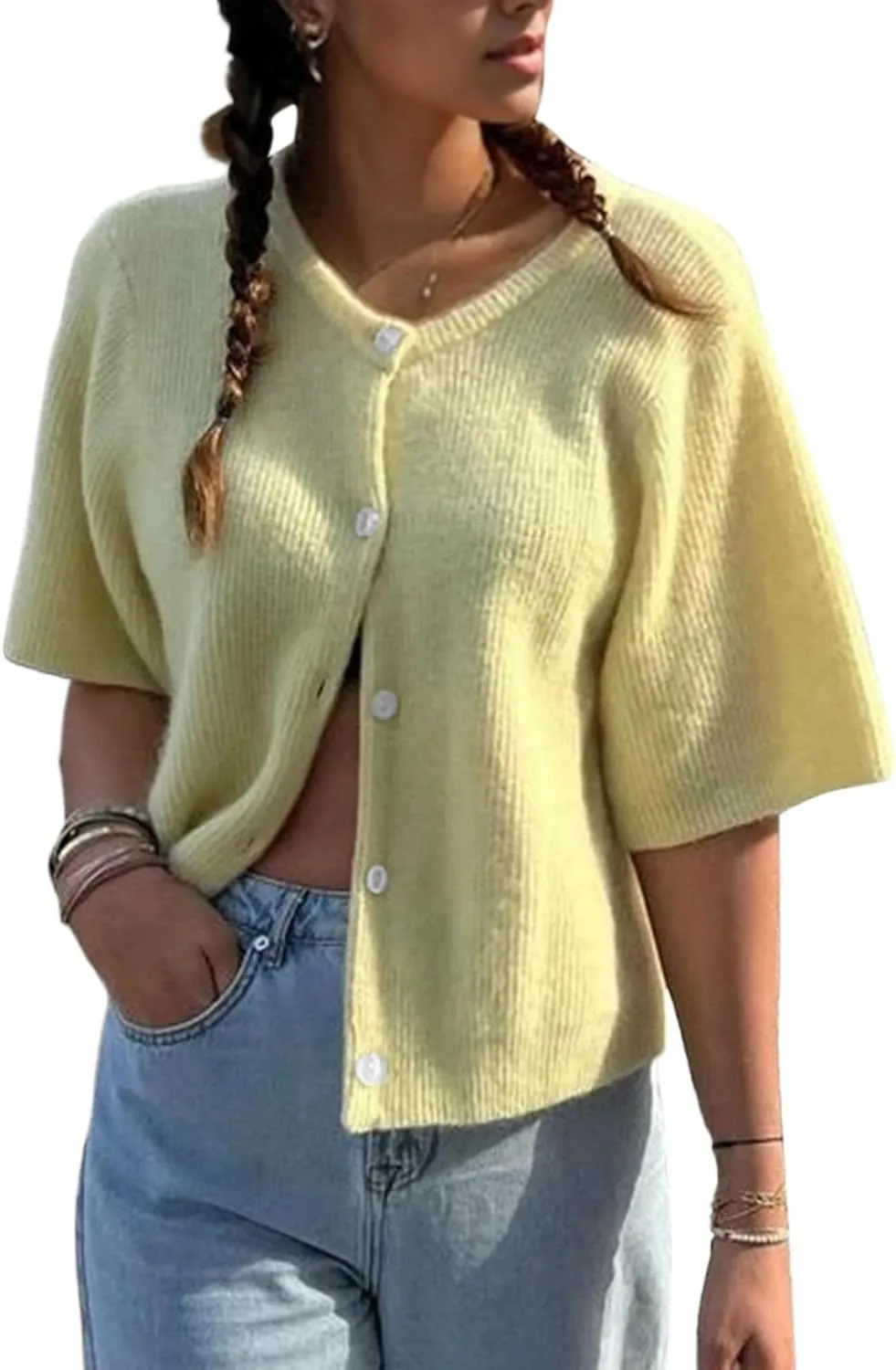 Cioatin Women Yellow Short Sleeve Button Down Crop Cardigan Sweater Y2K Oversized Aesthetic Knit Shirt Tops Preppy Girls