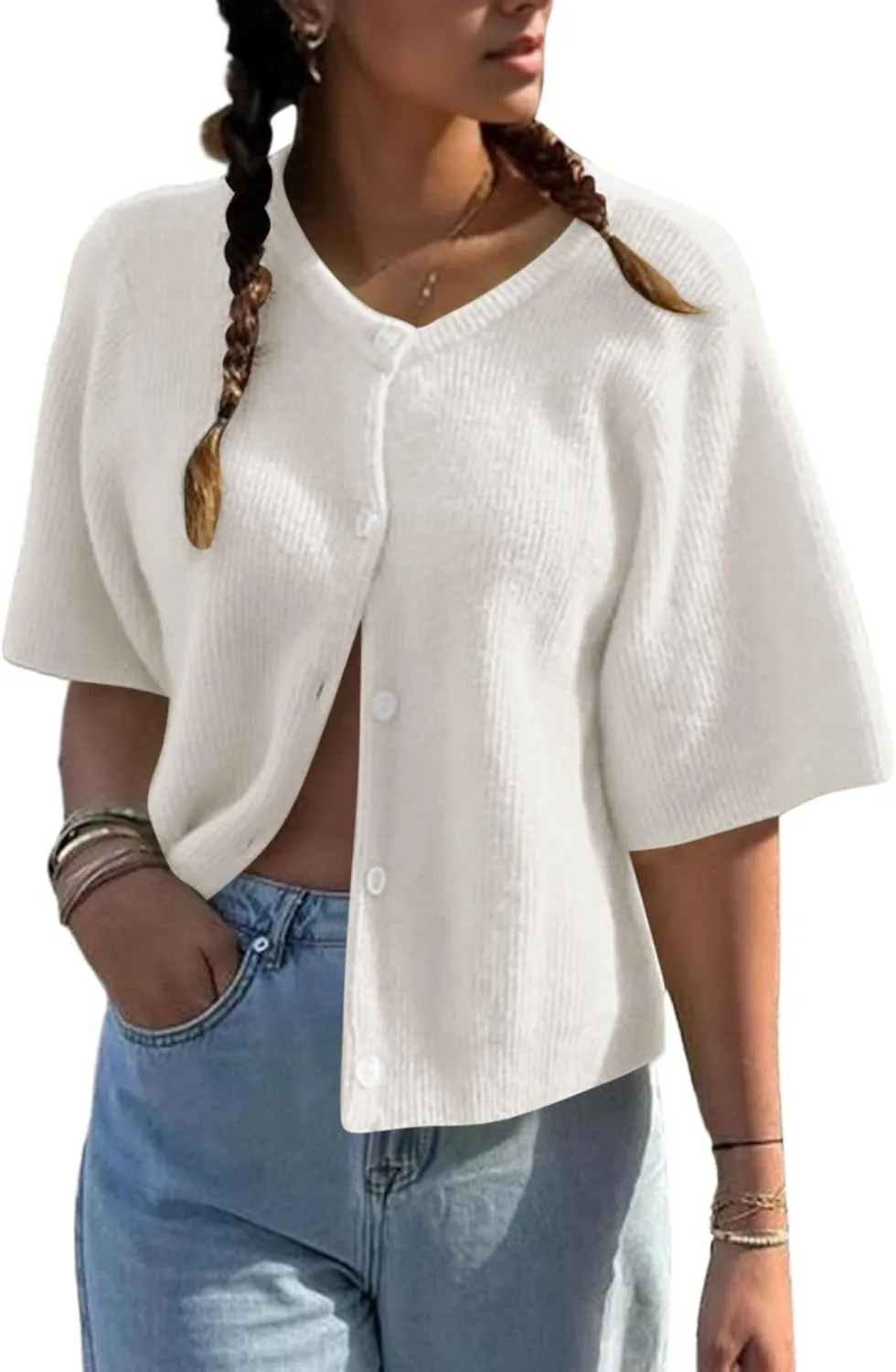 Cioatin Women Yellow Short Sleeve Button Down Crop Cardigan Sweater Y2K Oversized Aesthetic Knit Shirt Tops Preppy Girls