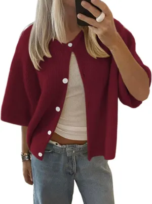 Cioatin Women Yellow Short Sleeve Button Down Crop Cardigan Sweater Y2K Oversized Aesthetic Knit Shirt Tops Preppy Girls