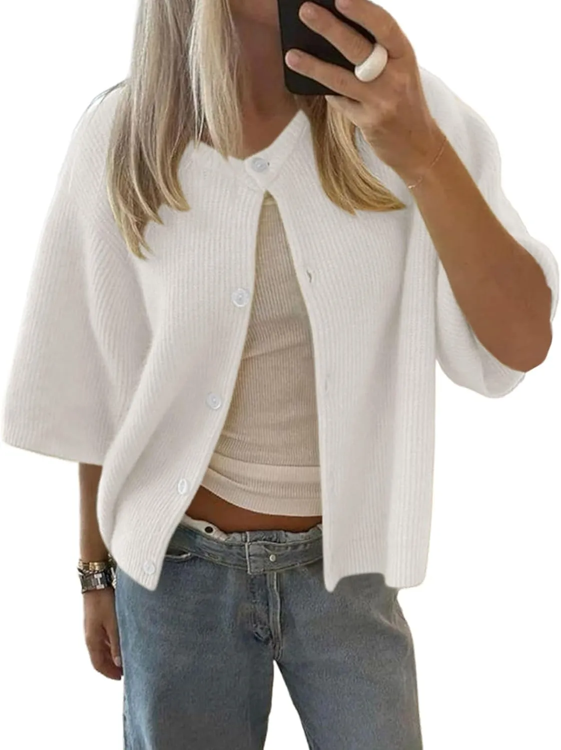 Cioatin Women Yellow Short Sleeve Button Down Crop Cardigan Sweater Y2K Oversized Aesthetic Knit Shirt Tops Preppy Girls