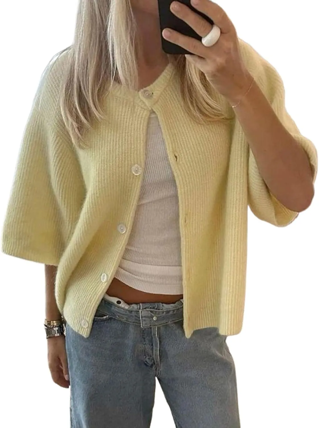 Cioatin Women Yellow Short Sleeve Button Down Crop Cardigan Sweater Y2K Oversized Aesthetic Knit Shirt Tops Preppy Girls