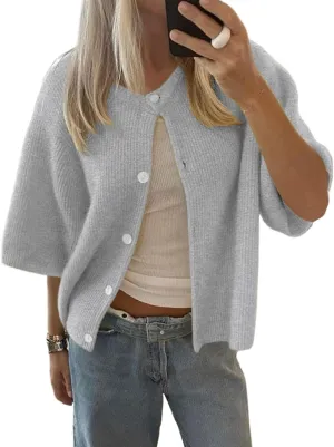 Cioatin Women Yellow Short Sleeve Button Down Crop Cardigan Sweater Y2K Oversized Aesthetic Knit Shirt Tops Preppy Girls