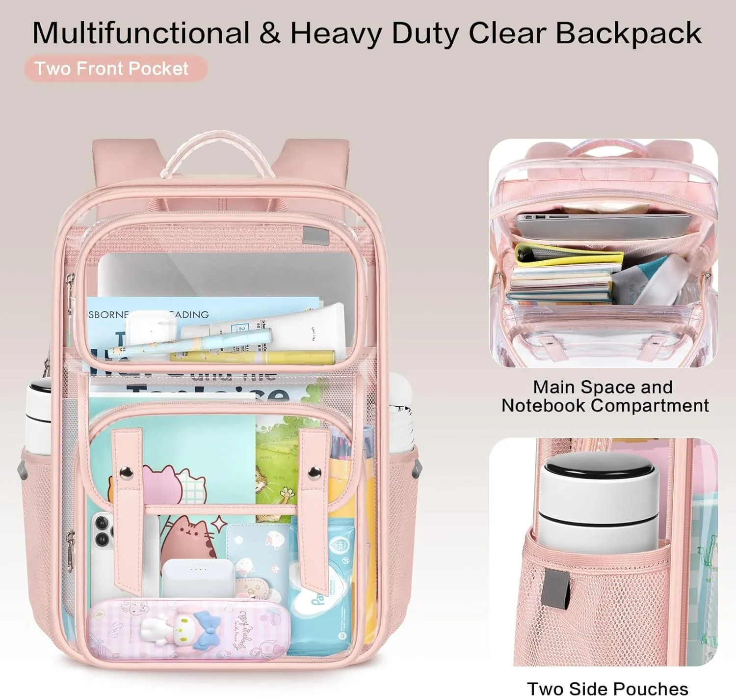 Clear Backpack Heavy Duty Large Transparent Backpacks PVC See Through Bookbag for College Work Travel - Pink