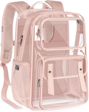Clear Backpack Heavy Duty Large Transparent Backpacks PVC See Through Bookbag for College Work Travel - Pink