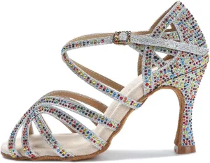 Colorful Rhinestone Sandals - Salsa/Rumba Ballroom Dance Wedding Heels (9cm/3.54")