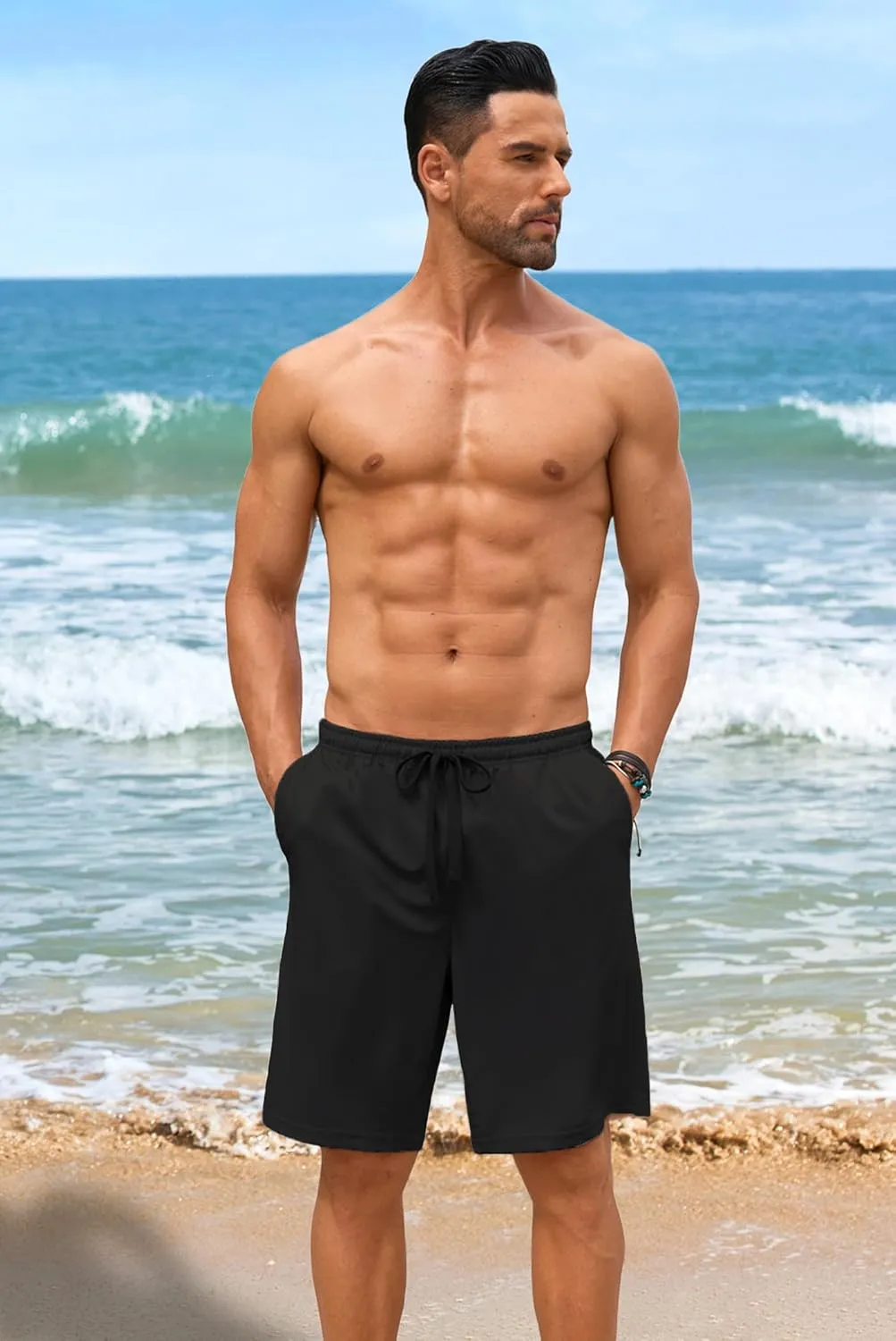 COOFANDY Mens Casual Shorts 9 inch Inseam Stretch Beach Shorts Elastic Waist Drawstring Summer Shorts