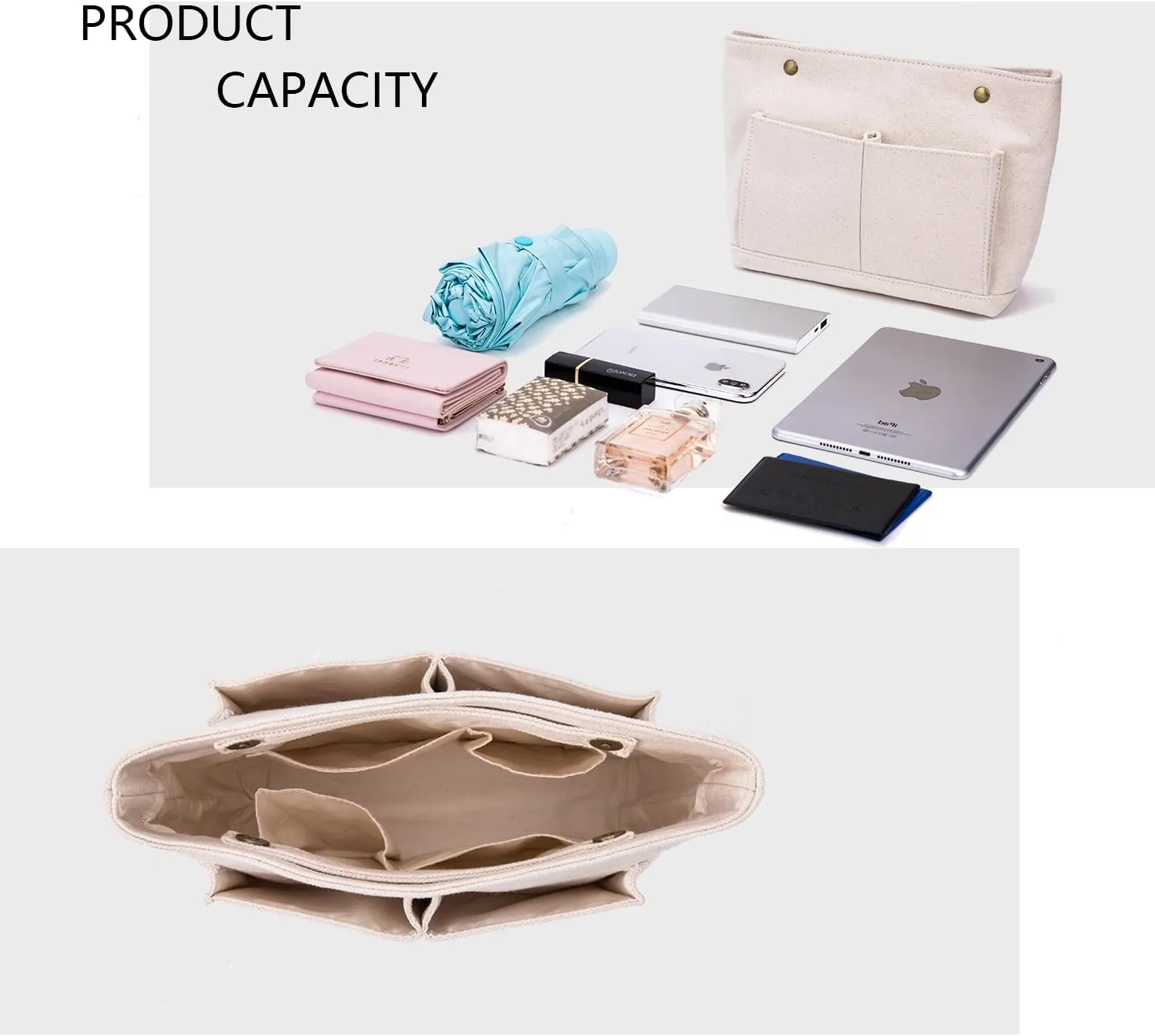 Cosmetic Bags - Bag Organizer Insert with Purse Dividers - Inside Purse Organizer for Easy Storage -Lightweight and Convenient (S, Beige)