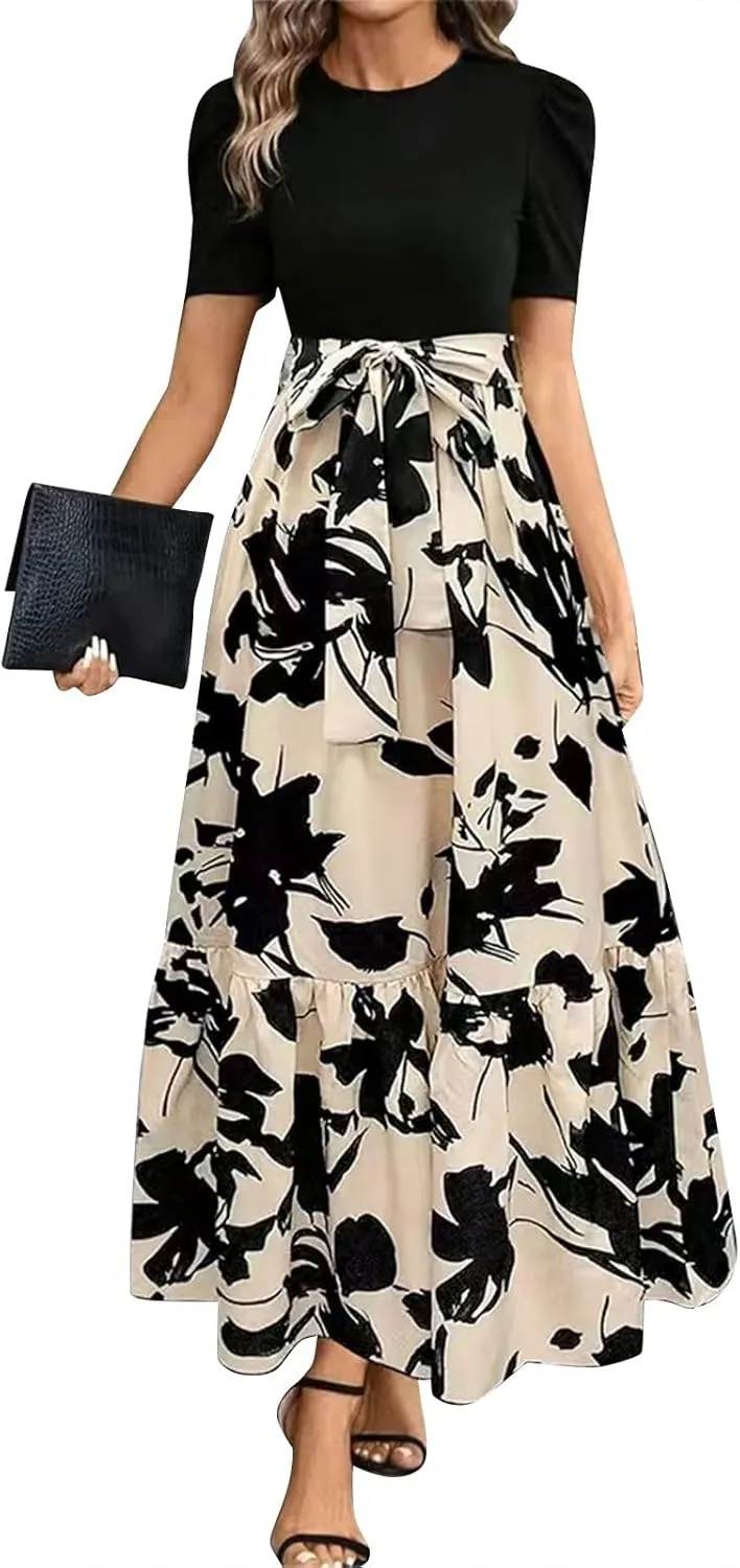 COTECRAM Women's 2025 Summer Casual Short Sleeve Crew Neck High Waist Smocked Tiered A Line Boho Beach Midi Maxi Dress