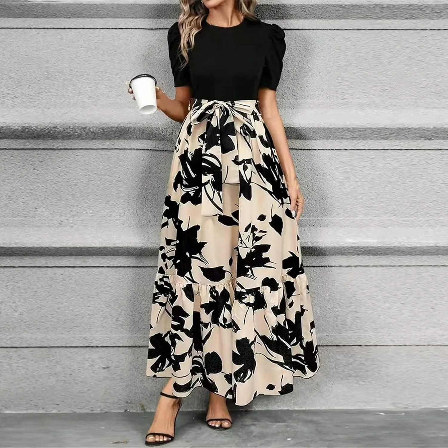 COTECRAM Women's 2025 Summer Casual Short Sleeve Crew Neck High Waist Smocked Tiered A Line Boho Beach Midi Maxi Dress