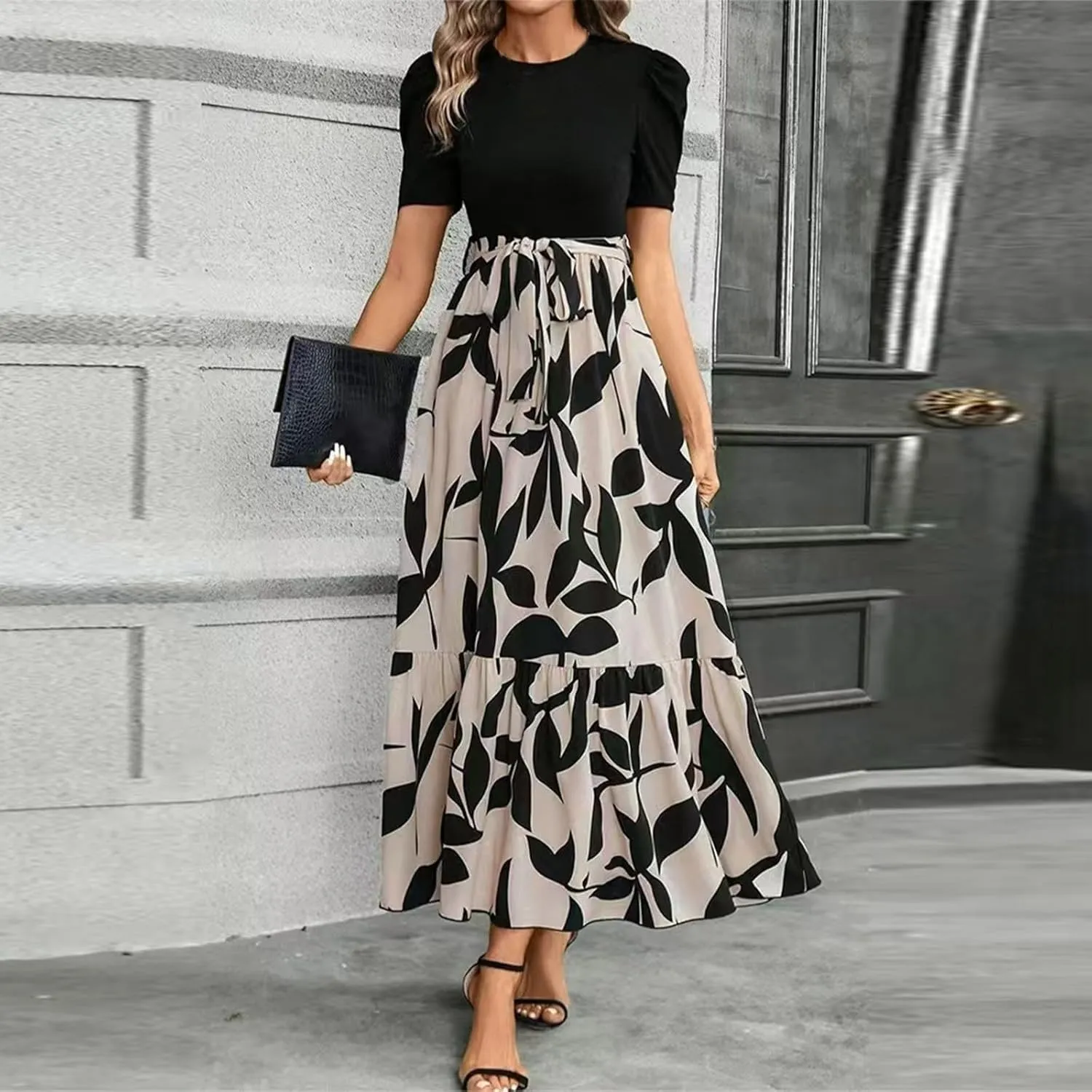 COTECRAM Women's 2025 Summer Casual Short Sleeve Crew Neck High Waist Smocked Tiered A Line Boho Beach Midi Maxi Dress
