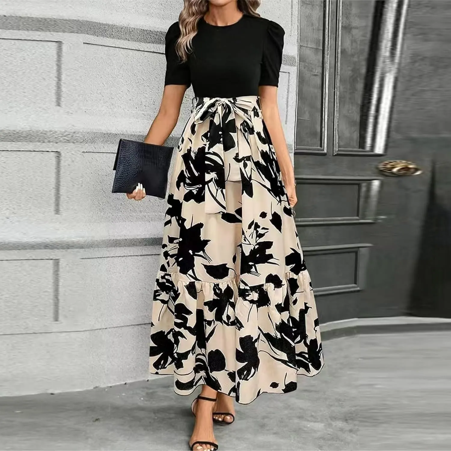 COTECRAM Women's 2025 Summer Casual Short Sleeve Crew Neck High Waist Smocked Tiered A Line Boho Beach Midi Maxi Dress