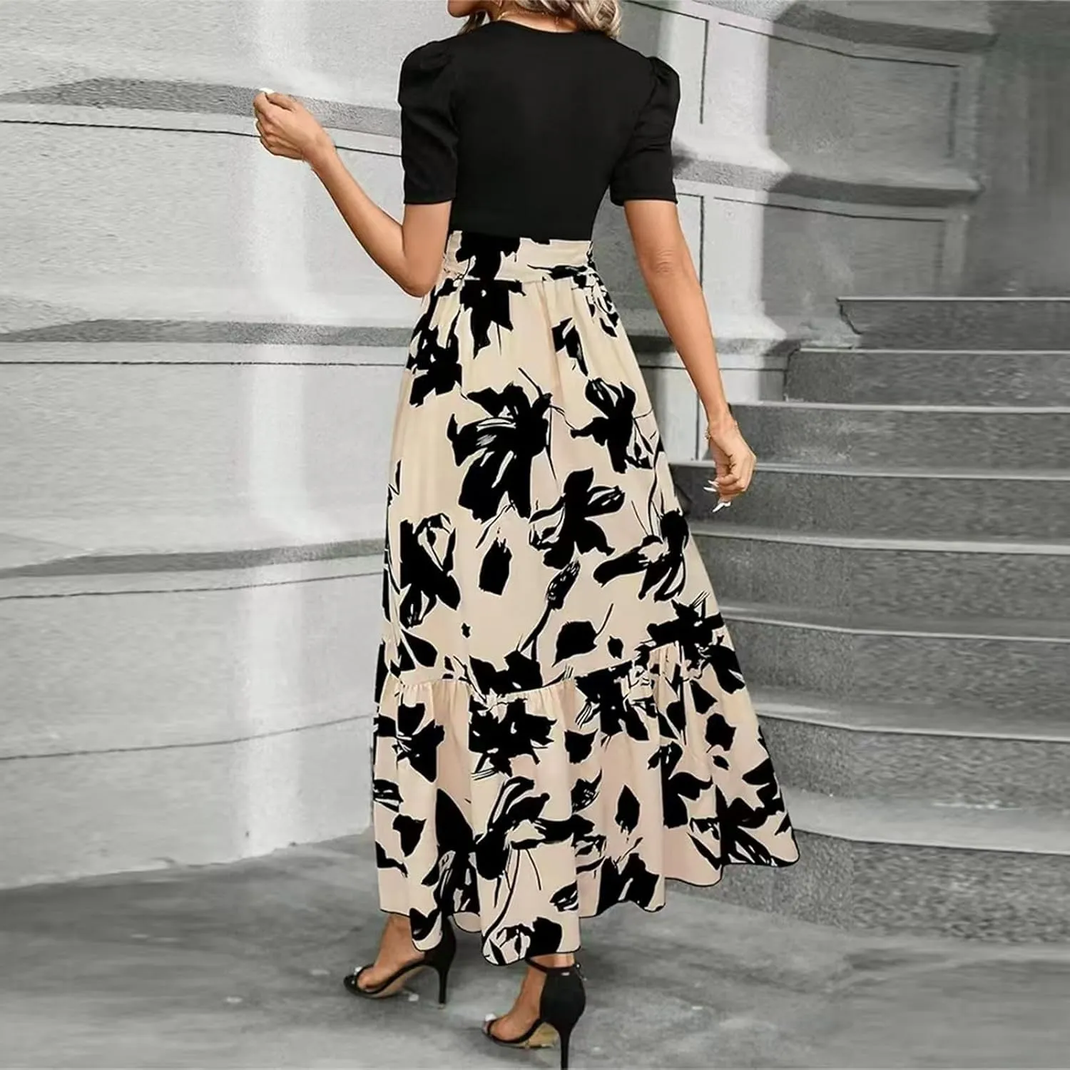 COTECRAM Women's 2025 Summer Casual Short Sleeve Crew Neck High Waist Smocked Tiered A Line Boho Beach Midi Maxi Dress