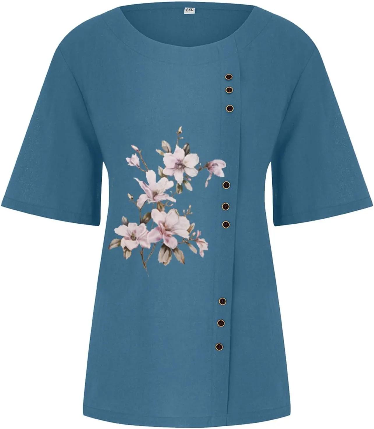 Cotton Linen Tops for Women Loose Fit Casual Roll Up Short Sleeve T-Shirt Trendy Cute Floral Print Casual Blouse