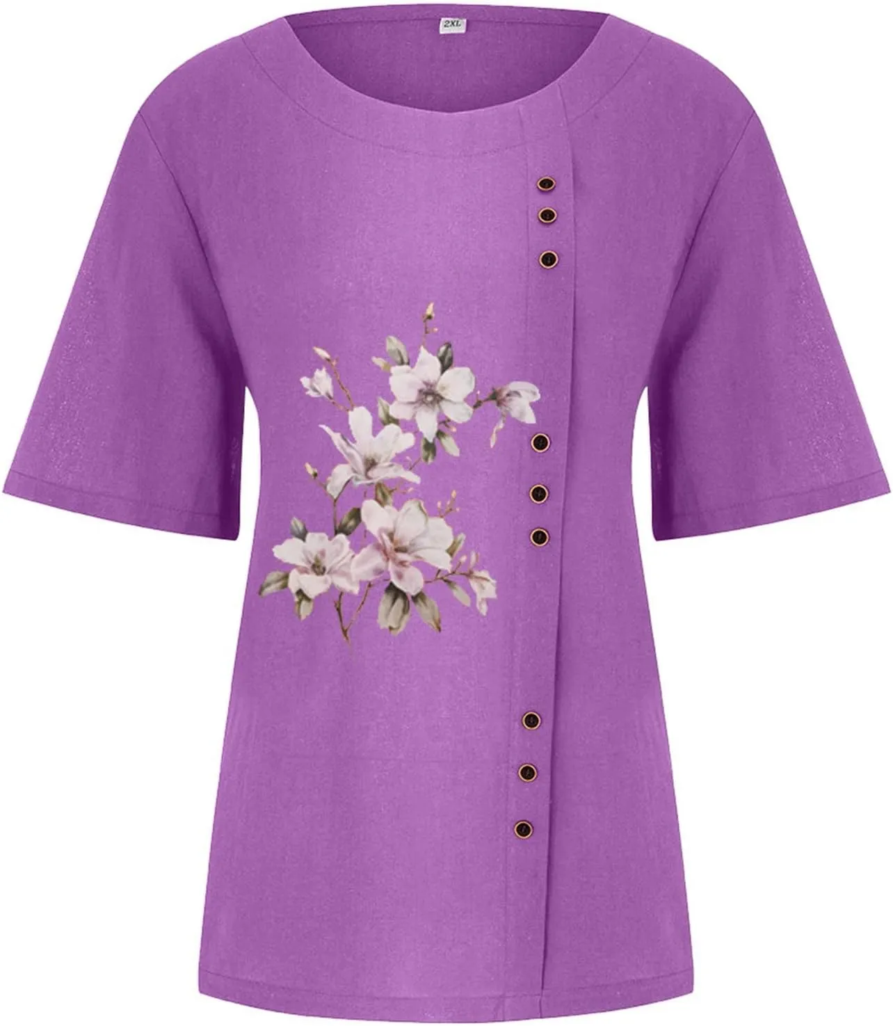 Cotton Linen Tops for Women Loose Fit Casual Roll Up Short Sleeve T-Shirt Trendy Cute Floral Print Casual Blouse