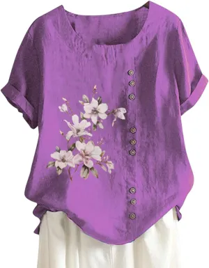 Cotton Linen Tops for Women Loose Fit Casual Roll Up Short Sleeve T-Shirt Trendy Cute Floral Print Casual Blouse