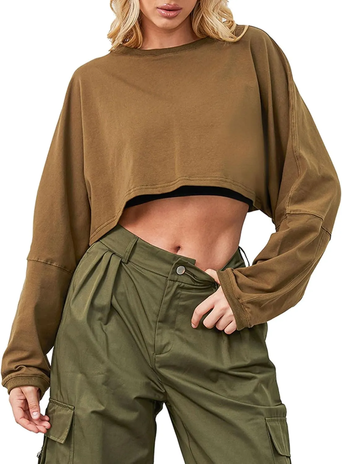 Cropped Sweatshirt Long Sleeve Crop Top Workout Oversized Sweatshirt Loose Crop Tops For Women Crewneck Sweatshirt