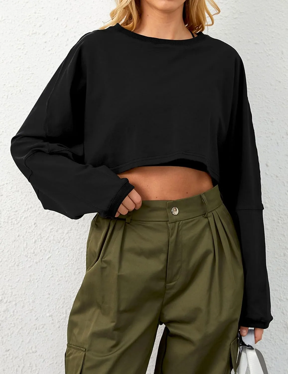 Cropped Sweatshirt Long Sleeve Crop Top Workout Oversized Sweatshirt Loose Crop Tops For Women Crewneck Sweatshirt