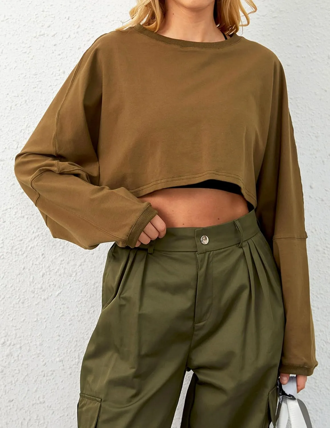 Cropped Sweatshirt Long Sleeve Crop Top Workout Oversized Sweatshirt Loose Crop Tops For Women Crewneck Sweatshirt