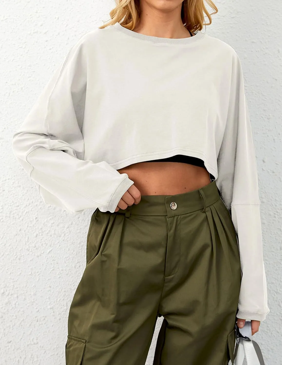 Cropped Sweatshirt Long Sleeve Crop Top Workout Oversized Sweatshirt Loose Crop Tops For Women Crewneck Sweatshirt