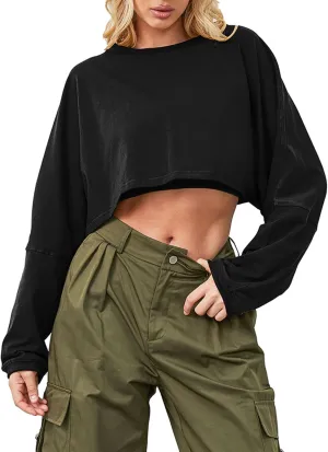 Cropped Sweatshirt Long Sleeve Crop Top Workout Oversized Sweatshirt Loose Crop Tops For Women Crewneck Sweatshirt