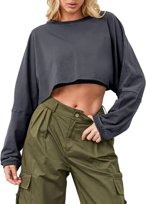 Cropped Sweatshirt Long Sleeve Crop Top Workout Oversized Sweatshirt Loose Crop Tops For Women Crewneck Sweatshirt