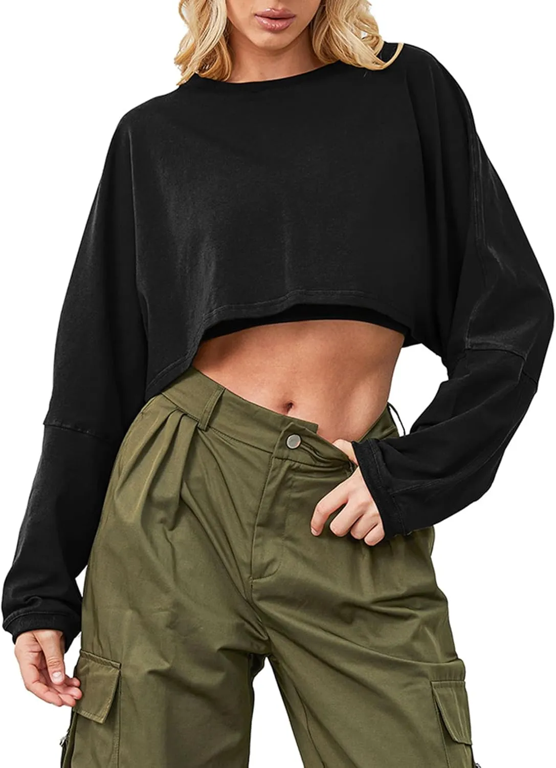Cropped Sweatshirt Long Sleeve Crop Top Workout Oversized Sweatshirt Loose Crop Tops For Women Crewneck Sweatshirt