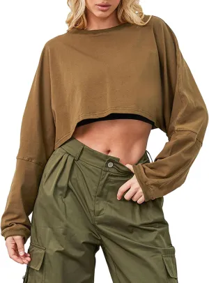 Cropped Sweatshirt Long Sleeve Crop Top Workout Oversized Sweatshirt Loose Crop Tops For Women Crewneck Sweatshirt