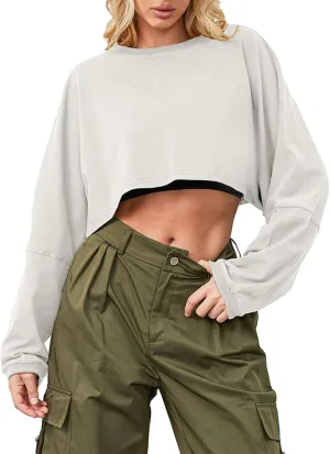 Cropped Sweatshirt Long Sleeve Crop Top Workout Oversized Sweatshirt Loose Crop Tops For Women Crewneck Sweatshirt