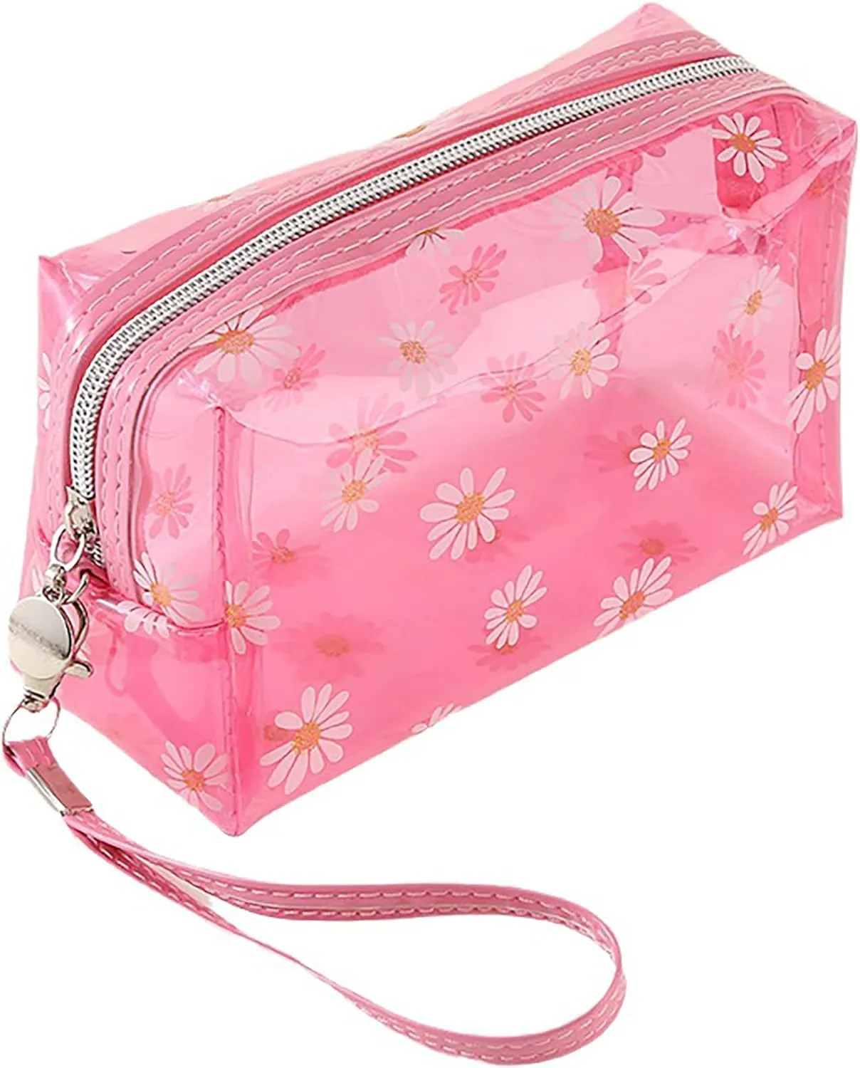 Daisy Toiletry Bag Floral Cosmetic Pouch Waterproof Zipper Pouches With Strap Flower Makeup Bag For Women Traveling Hot Pink